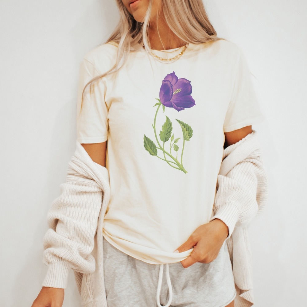 Purple Botanical Flower Graphic Tee Natural Gildan Elegant Nature Art